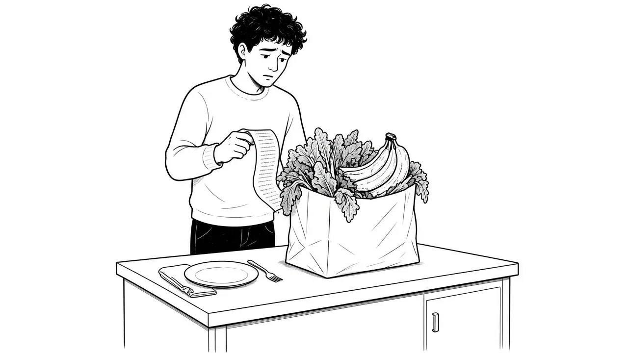 One person at a kitchen counter with a single place setting and a bag of food that is too big for one.