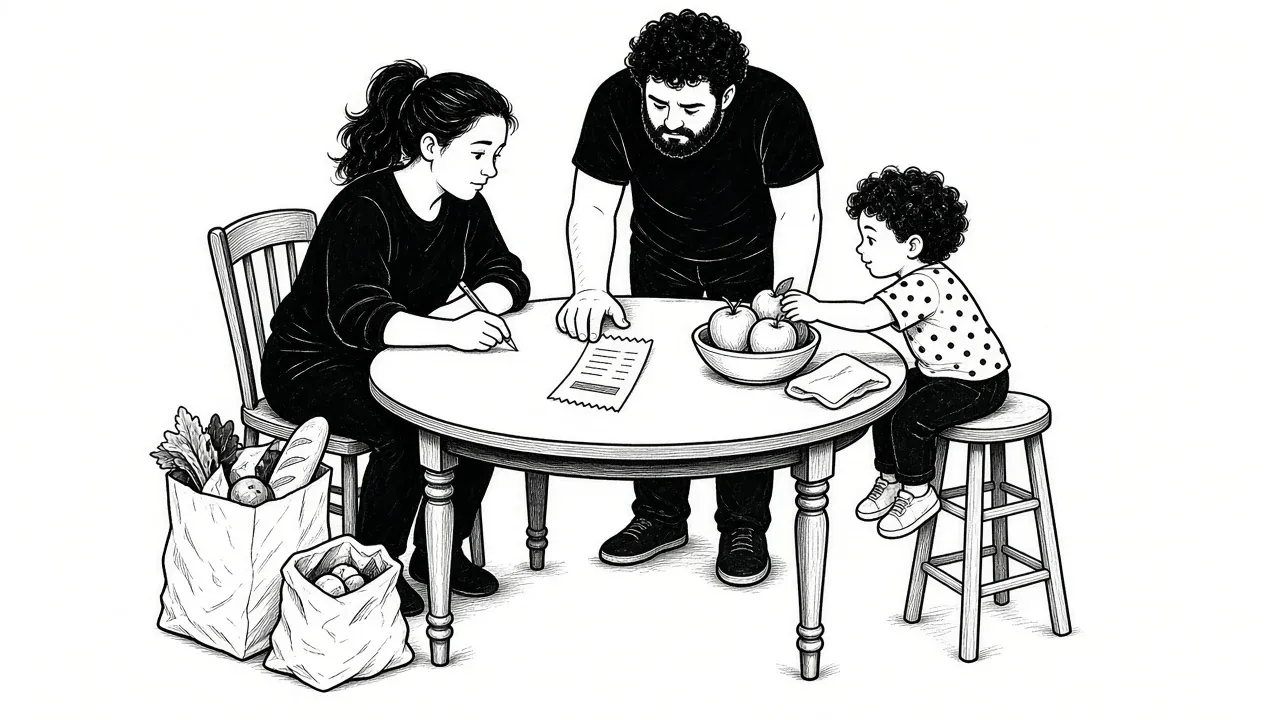 A household at the kitchen table looking at one shared grocery receipt