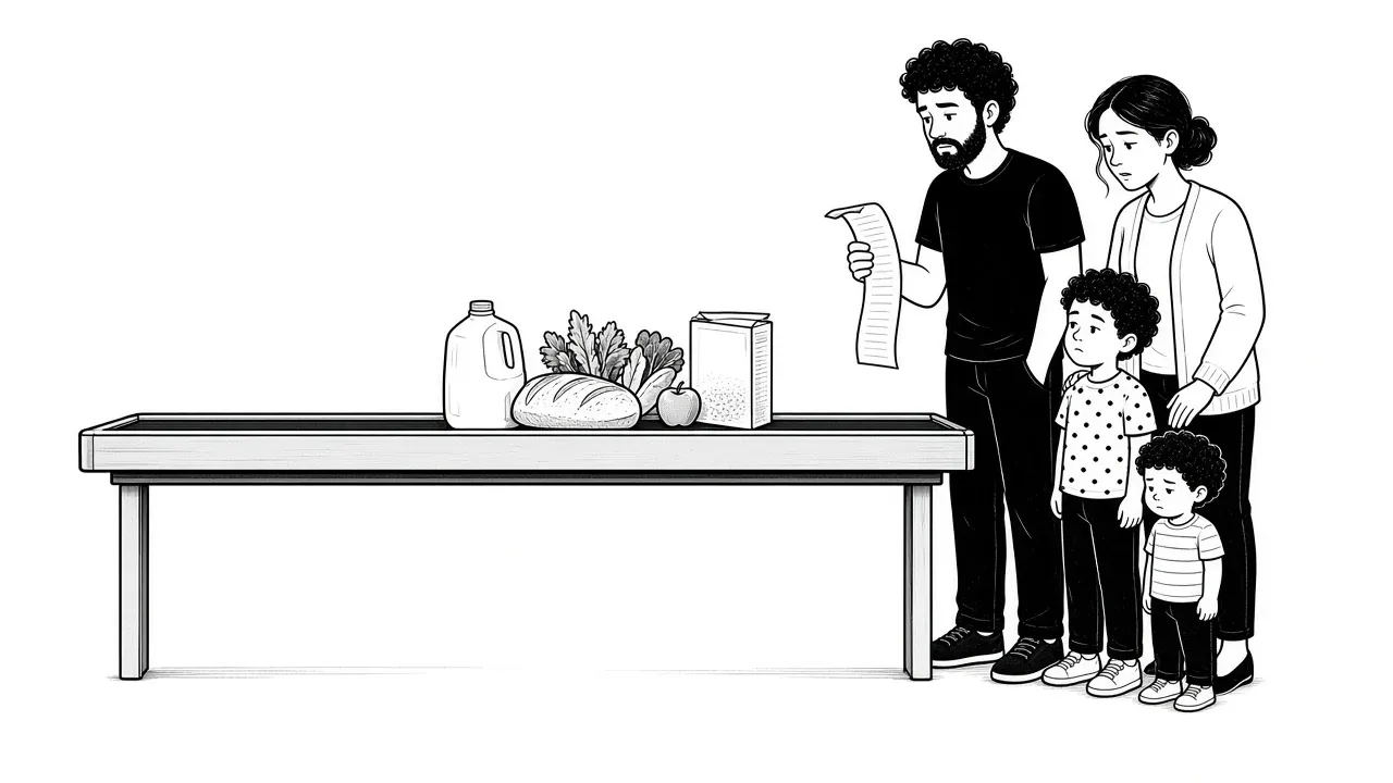 A family of four at checkout looking from a modest pile of groceries to the receipt