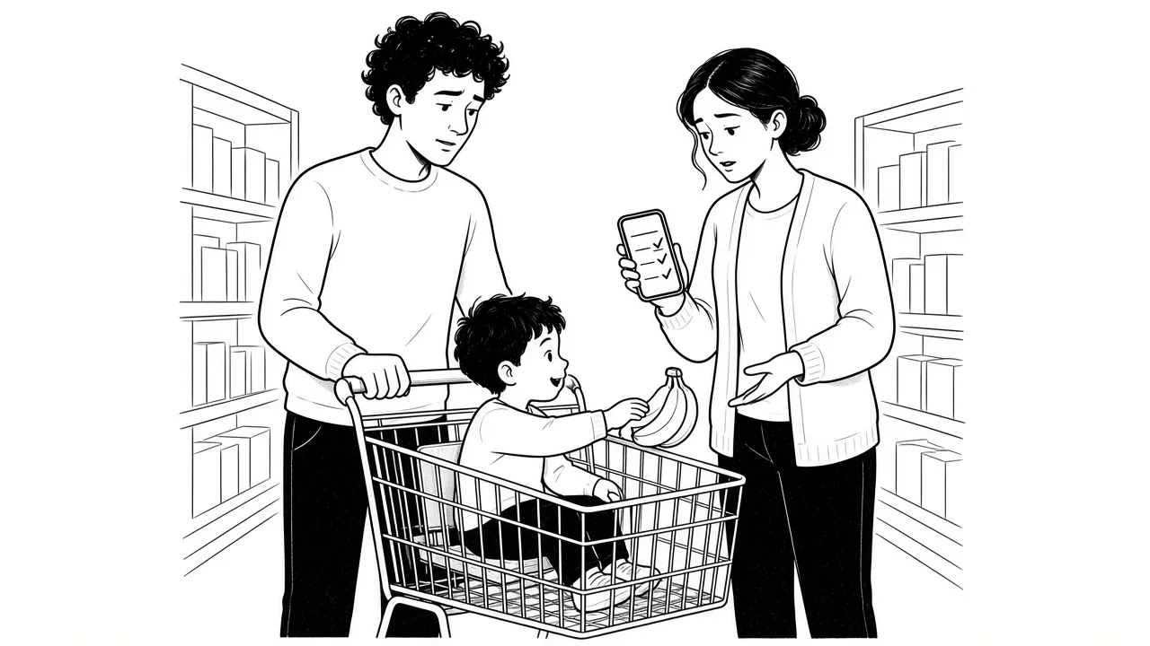 Two adults in an aisle with a child in the cart. One holds a phone with a checked-off list.
