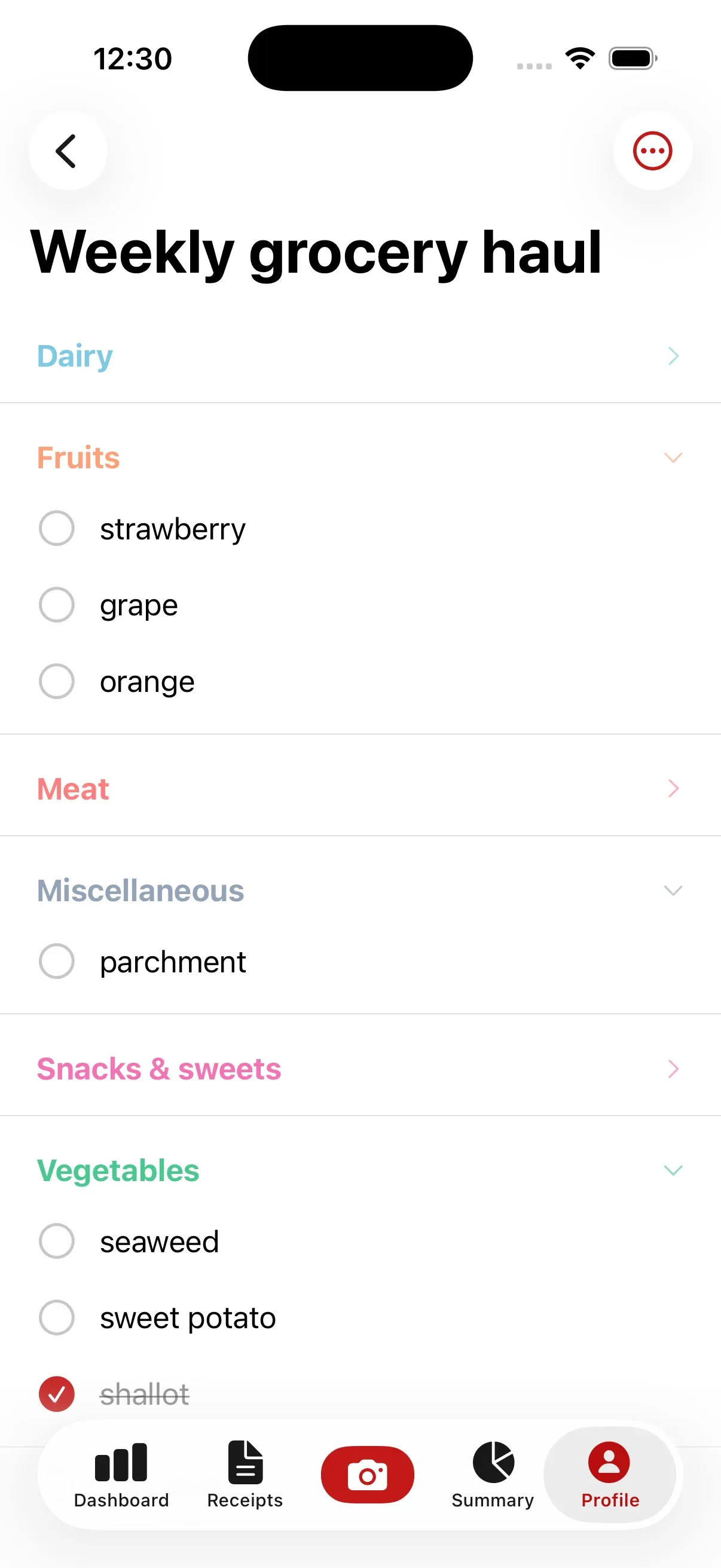 Groceries Tracker grocery list with categories