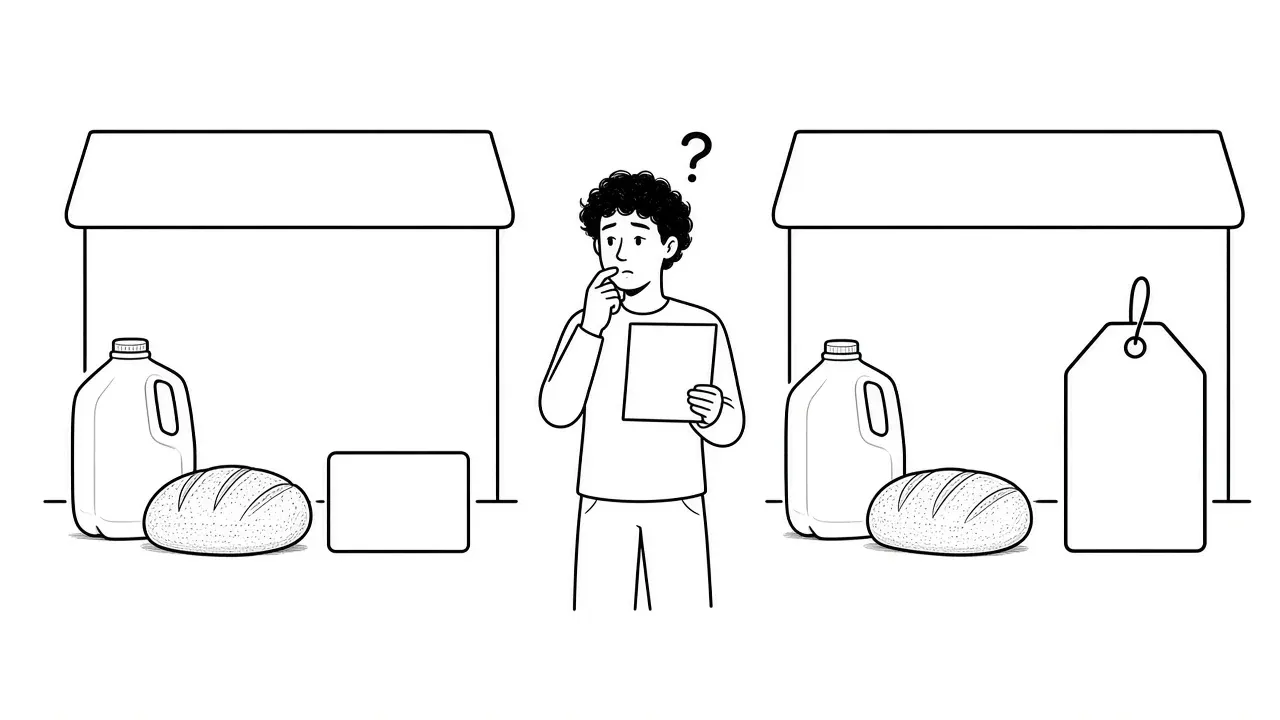 A shopper between two generic stores. Same milk and bread, a much bigger price tag on the right.