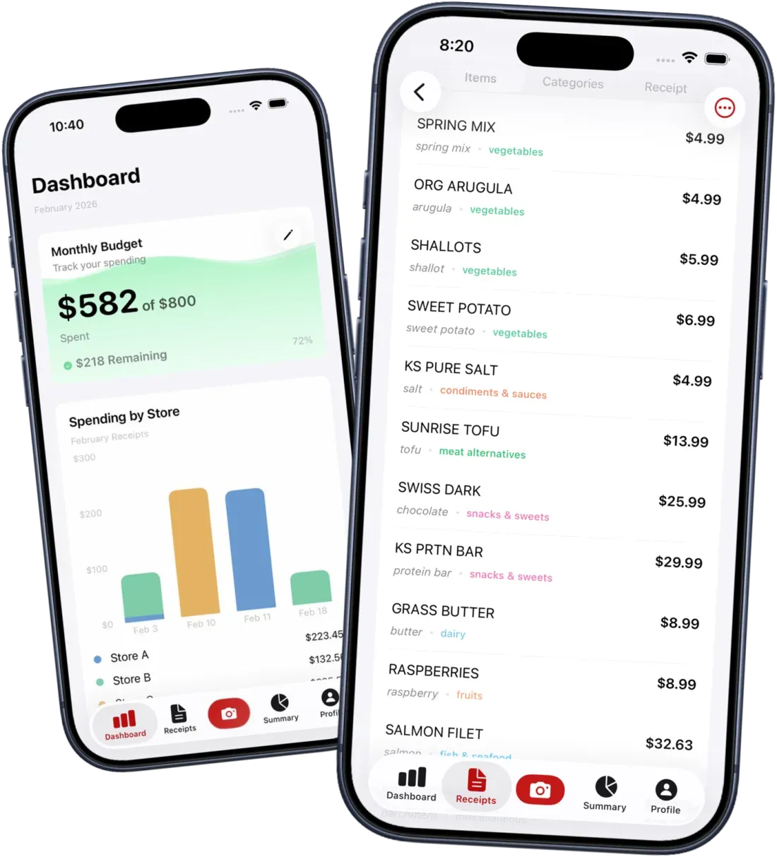 Grocery tracker app showing receipt items and budget dashboard