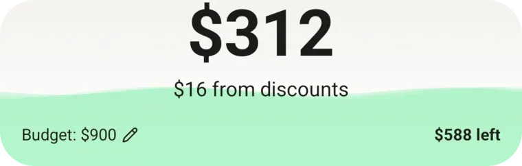 The dashboard showing $312 spent against a $900 budget, with $588 left
