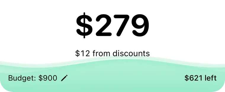 The dashboard showing $279 spent against a $900 budget, with $621 left