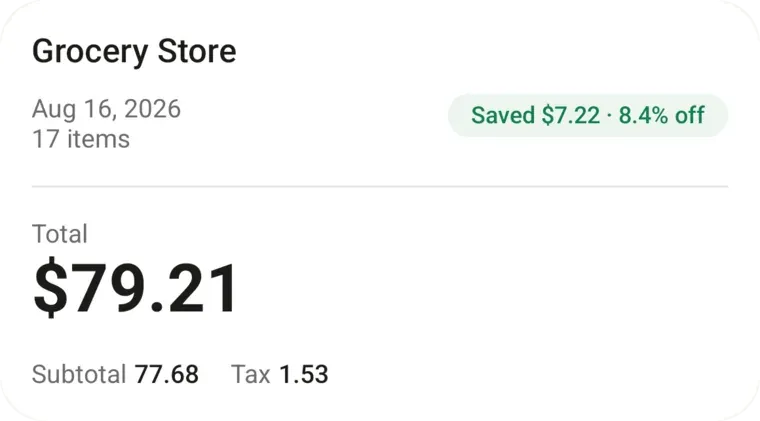 A receipt for Grocery Store totalling $79.21, with a badge showing $7.22 saved, 8.4 percent off