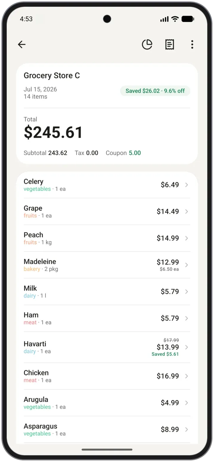 A scanned grocery receipt in the Android app for Grocery Store C totalling $245.61 across 14 items, with $26.02 saved, and each item listed by name, category and price