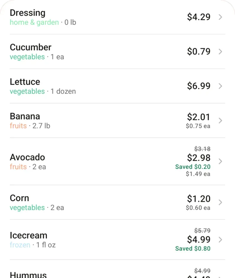 A receipt broken into separate lines for dressing, cucumber, lettuce, banana, avocado and corn, each with its own category and price