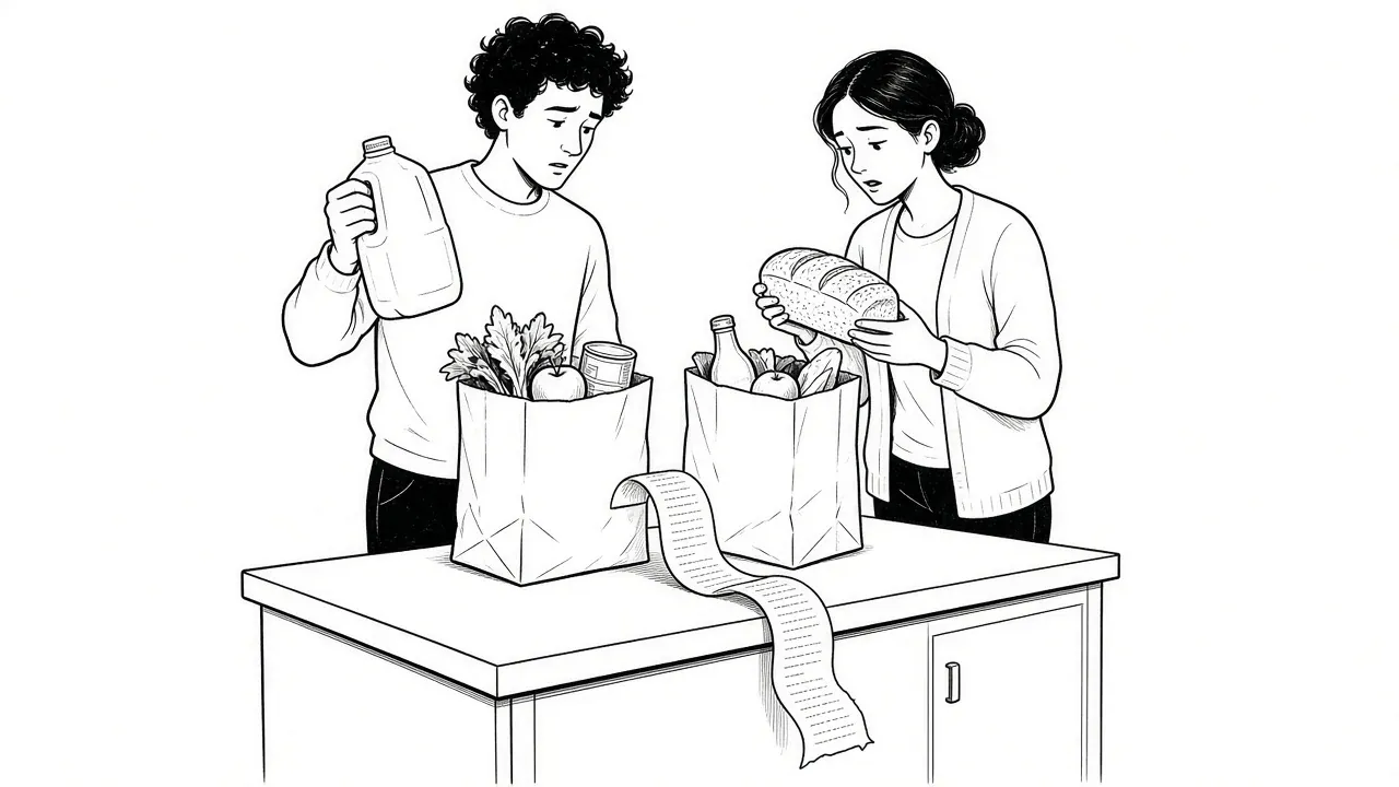 Two people unpacking groceries at a kitchen island while a long receipt hangs off the counter