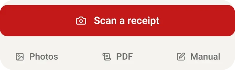 The add-a-receipt screen with a Scan a receipt button and options for Photos, PDF, and manual entry