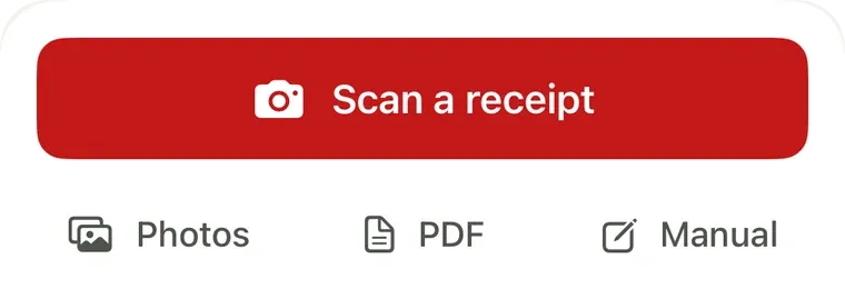 The add-a-receipt screen with a Scan a receipt button and options for Photos, PDF, and manual entry