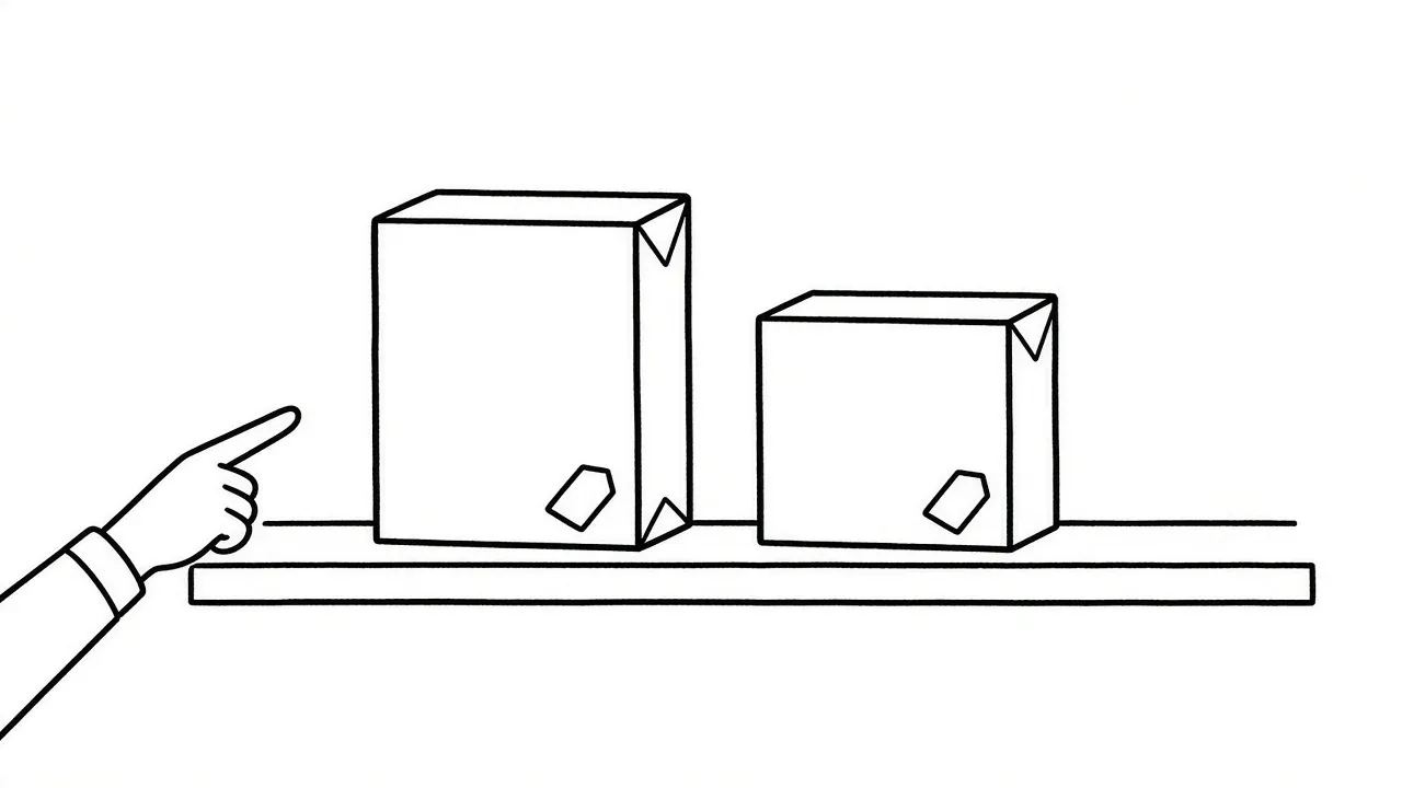 A hand pointing at two boxes on a shelf. One is taller, one is shorter, both have the same blank price tag.