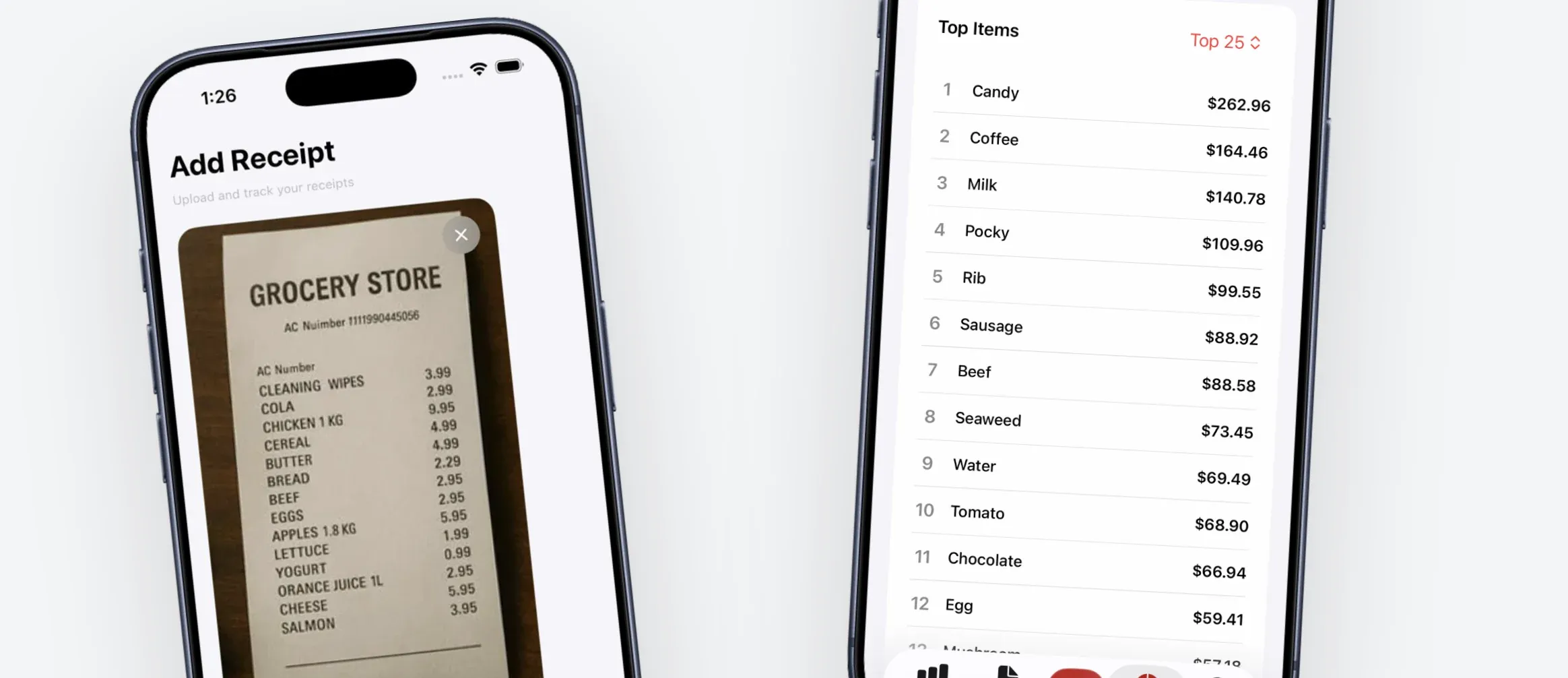 Groceries Tracker app showing receipt scanning and top items analysis