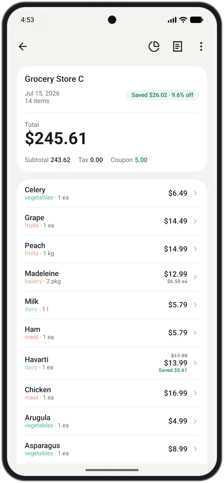 Android receipt with item names, prices, and categories