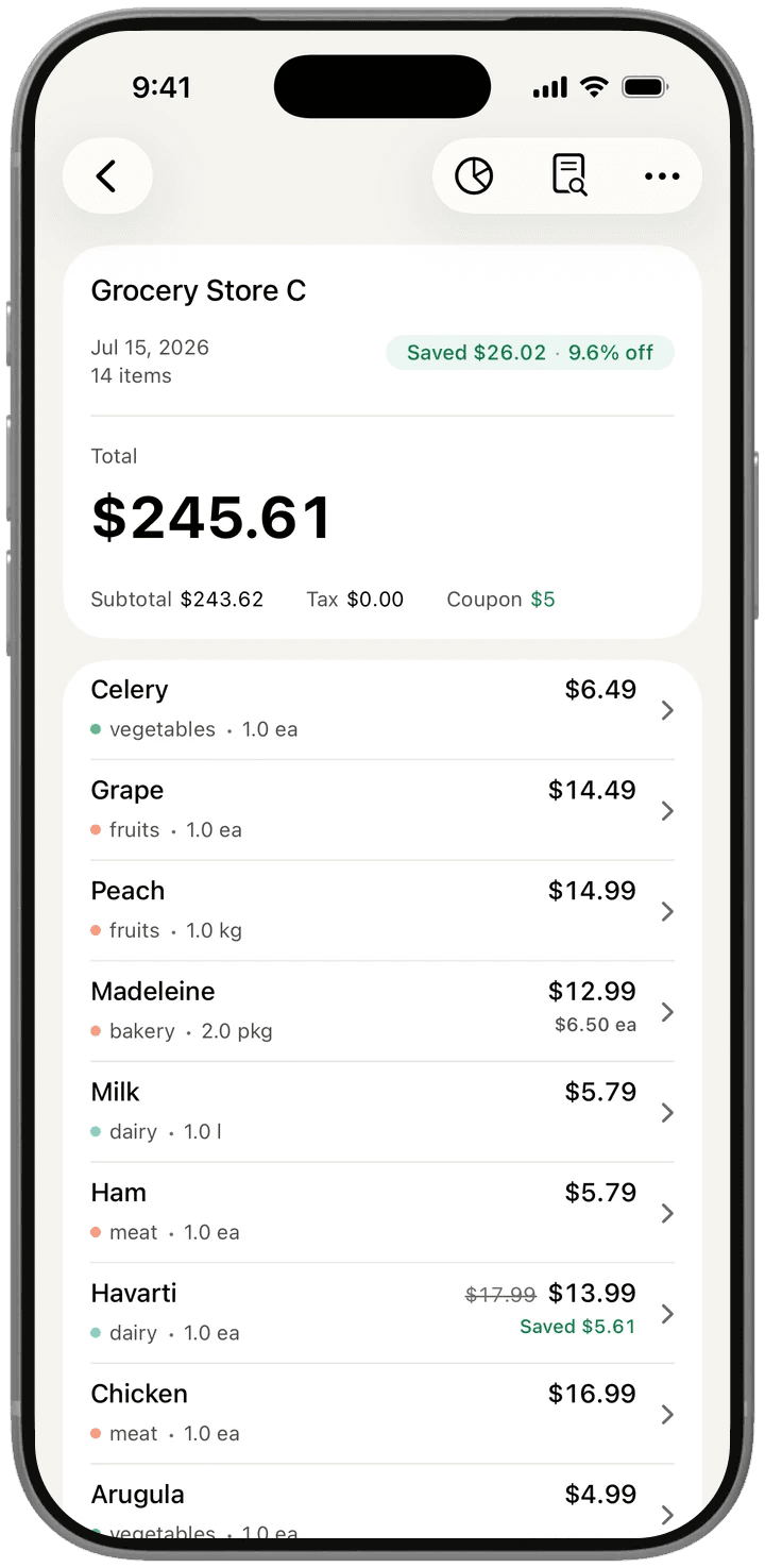 iPhone receipt with item names, prices, and categories